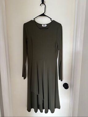 Leota Olive Green Long-Sleeve Asymmetrical Midi Dress